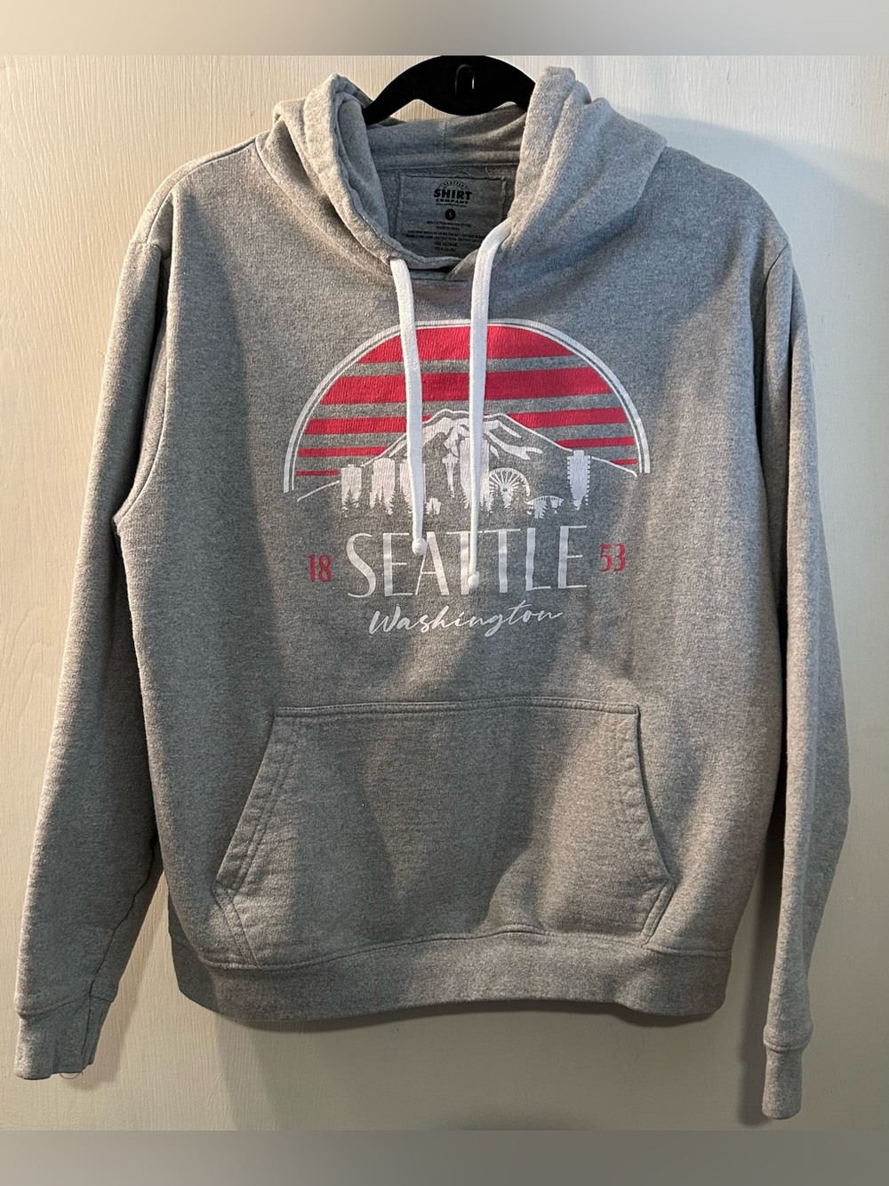 Seattle Washington 1853 Graphic Hoodie Sweatshirt - Gray with Red Accent